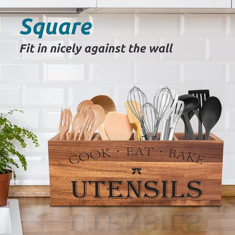 Suli Acacia Wood Utensil Holder for Kitchen Counter,Extra Large Utensils Holder with 4 Compartments,Caddy Organizer for Countertop, Farmhouse Kitchen Decor, Rustic Cooking Utensil - Image 5